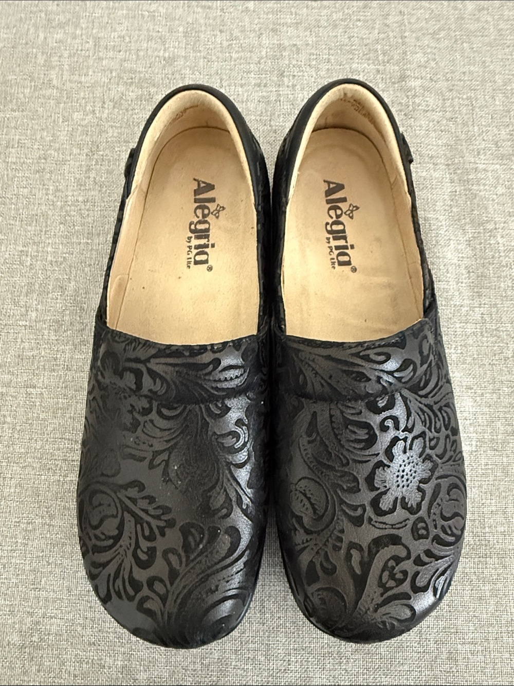 Alegria Black Embossed professional slip resistant Floral Slip-On Clogs